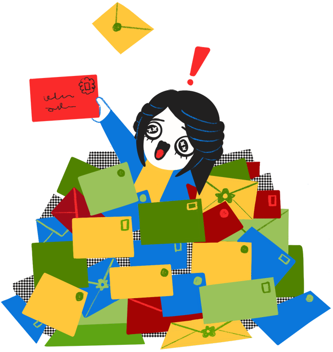 Kristina emerging from a pile of mail and showing off a red envelope
